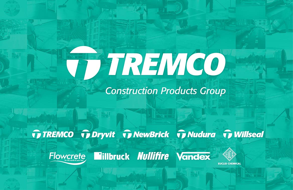 Collage of Tremco Construction Products Group and its affiliate brands - Tremco, Dryvit, Nudura, Euclid Chemical, NewBrick, Willseal, illbruck, Flowcrete, Nullifire and Vandex